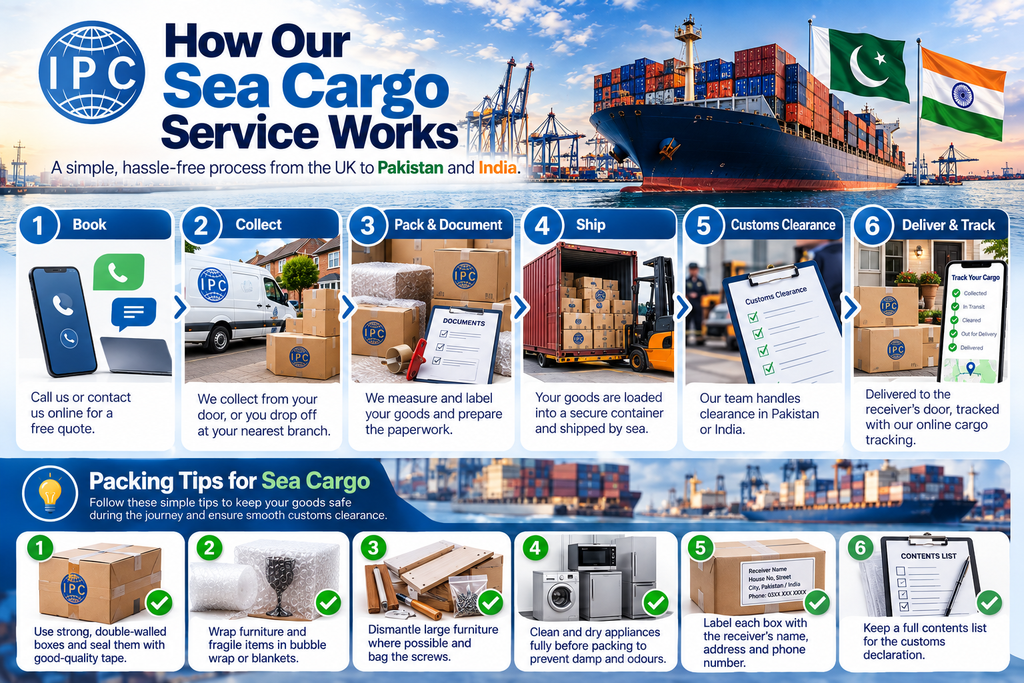 How our sea cargo to Pakistan and India service works – step-by-step process and packing tips