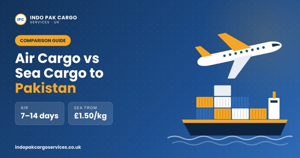 Air vs sea cargo to Pakistan from the UK – air in 7–14 working days, sea from £1.50/kg