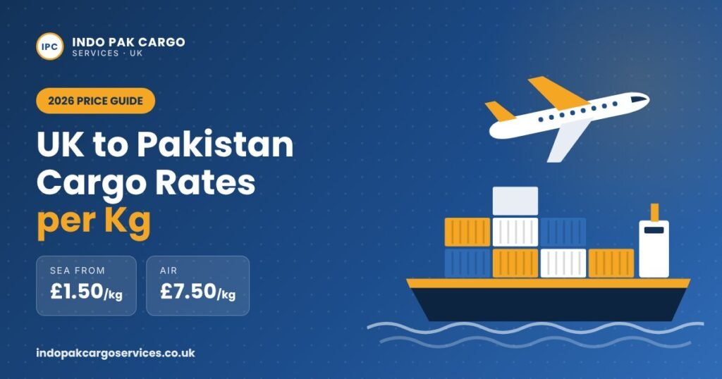 UK to Pakistan cargo rates per kg 2026 – sea from £1.50/kg and air £7.50/kg
